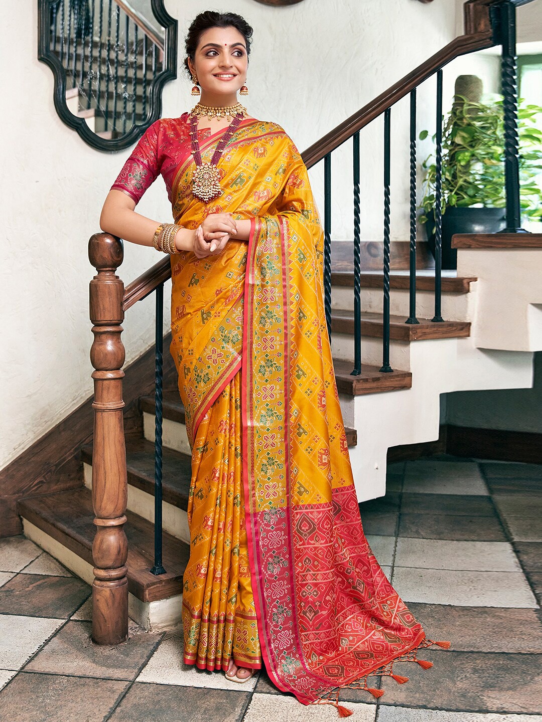 

Satrani Yellow & Red Ethnic Motifs Woven Design Zari Jacquard Silk Cotton Banarasi Saree