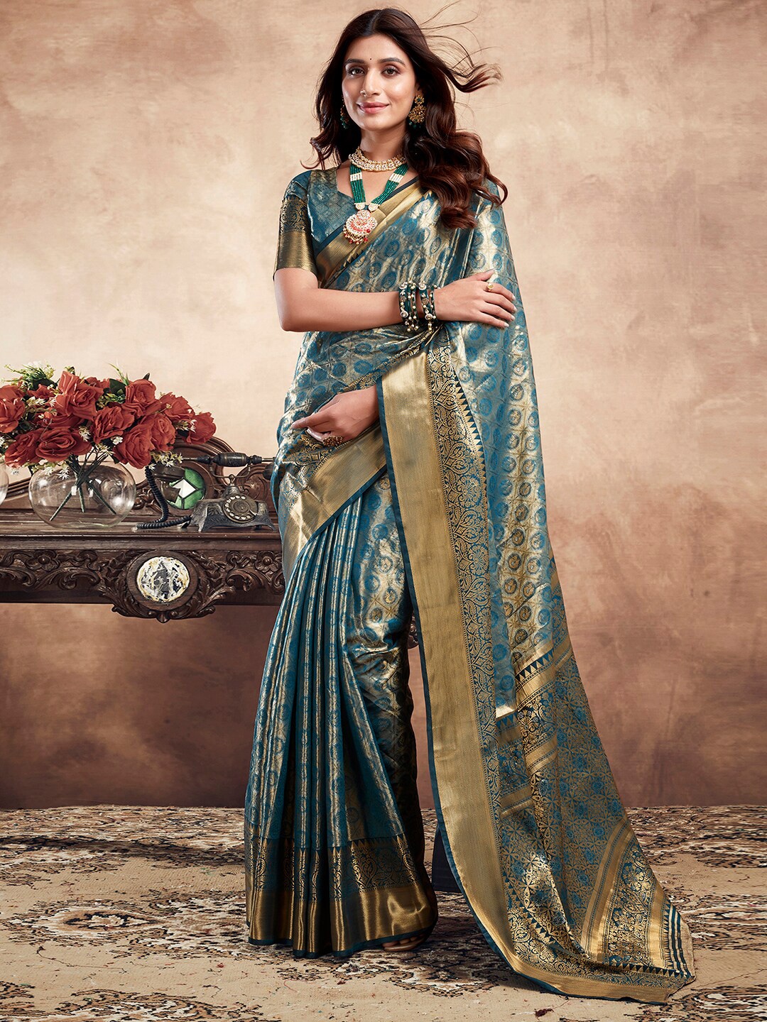 

Satrani Woven Design Zari Art Silk Banarasi Saree, Teal