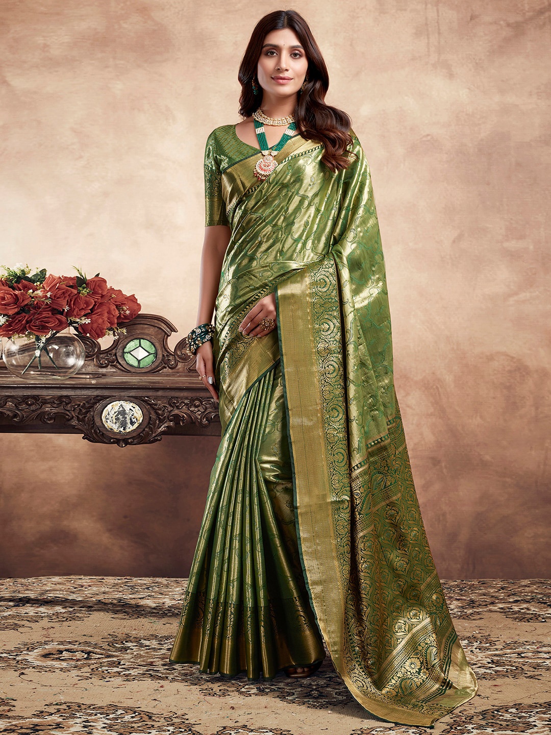 

Satrani Green & Gold Toned Ethnic Motifs Woven Design Zari Banarasi Saree