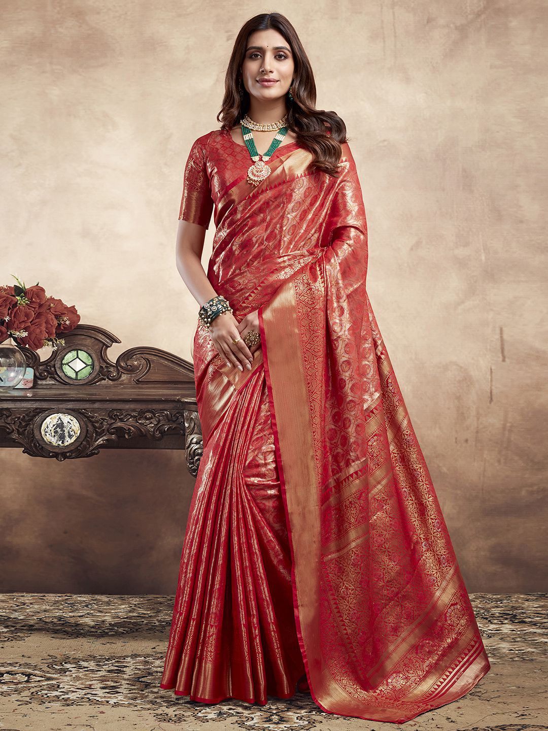 

Satrani Red & Gold Toned Ethnic Motifs Woven Design Zari Jacquard Banarasi Saree