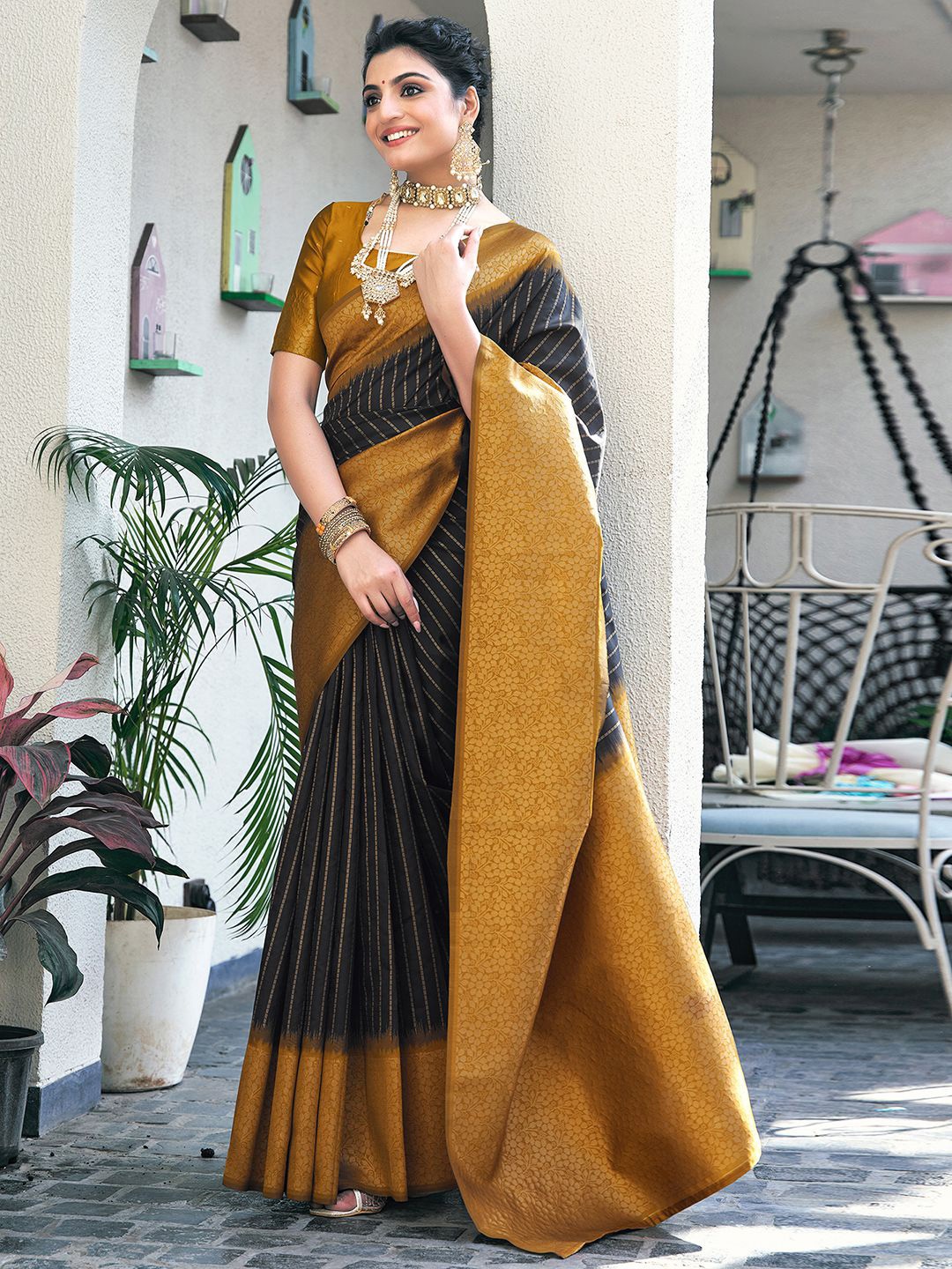 

Satrani Black & Mustard Yellow Floral Woven Design Zari Banarasi Saree