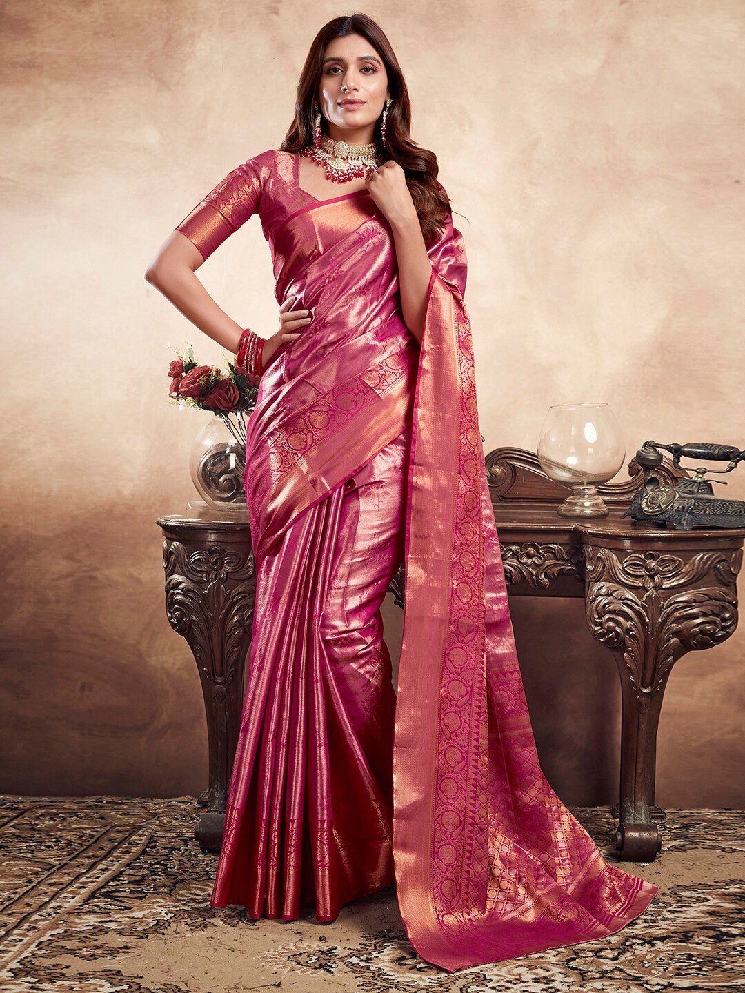 

Satrani Pink & Gold Toned Floral Woven Design Zari Jacquard Banarasi Saree