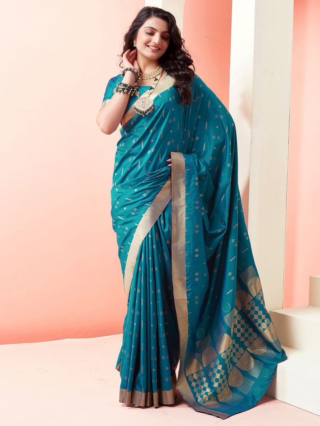 

Satrani Blue & Gold Toned Geometric Woven Design Zari Jacquard Banarasi Saree