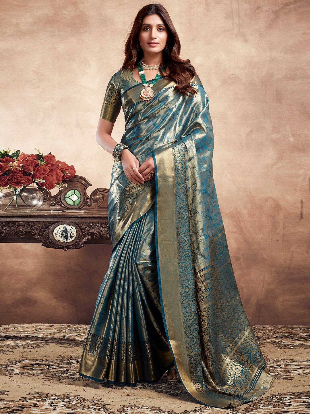 

Satrani Woven Design Ethnic Motifs Zari Banarasi Saree, Teal