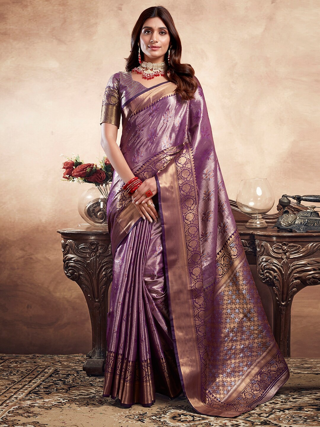 

Satrani Floral Woven Design Banarasi Zari Saree, Purple