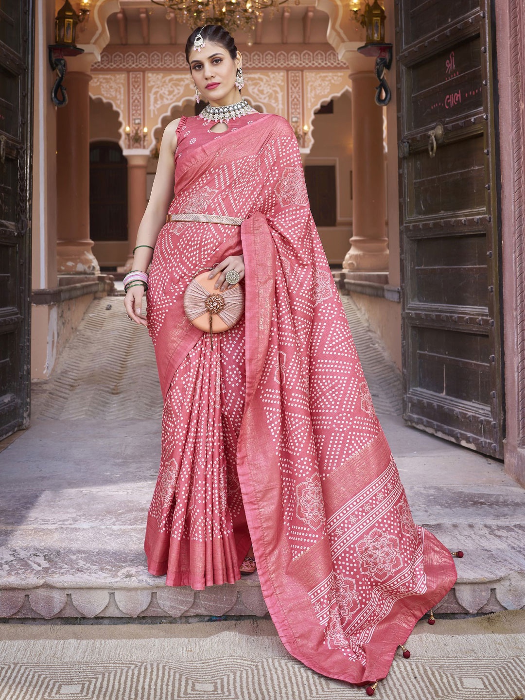 

LeeliPeeri Designer Bandhani Zari Saree, Peach