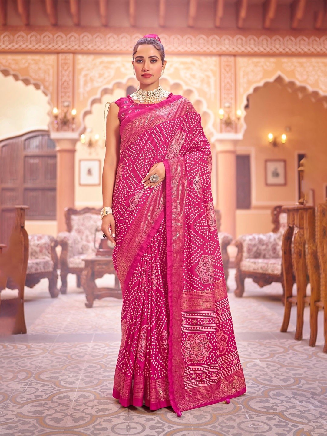 

LeeliPeeri Designer Bandhani Zari Saree, Pink