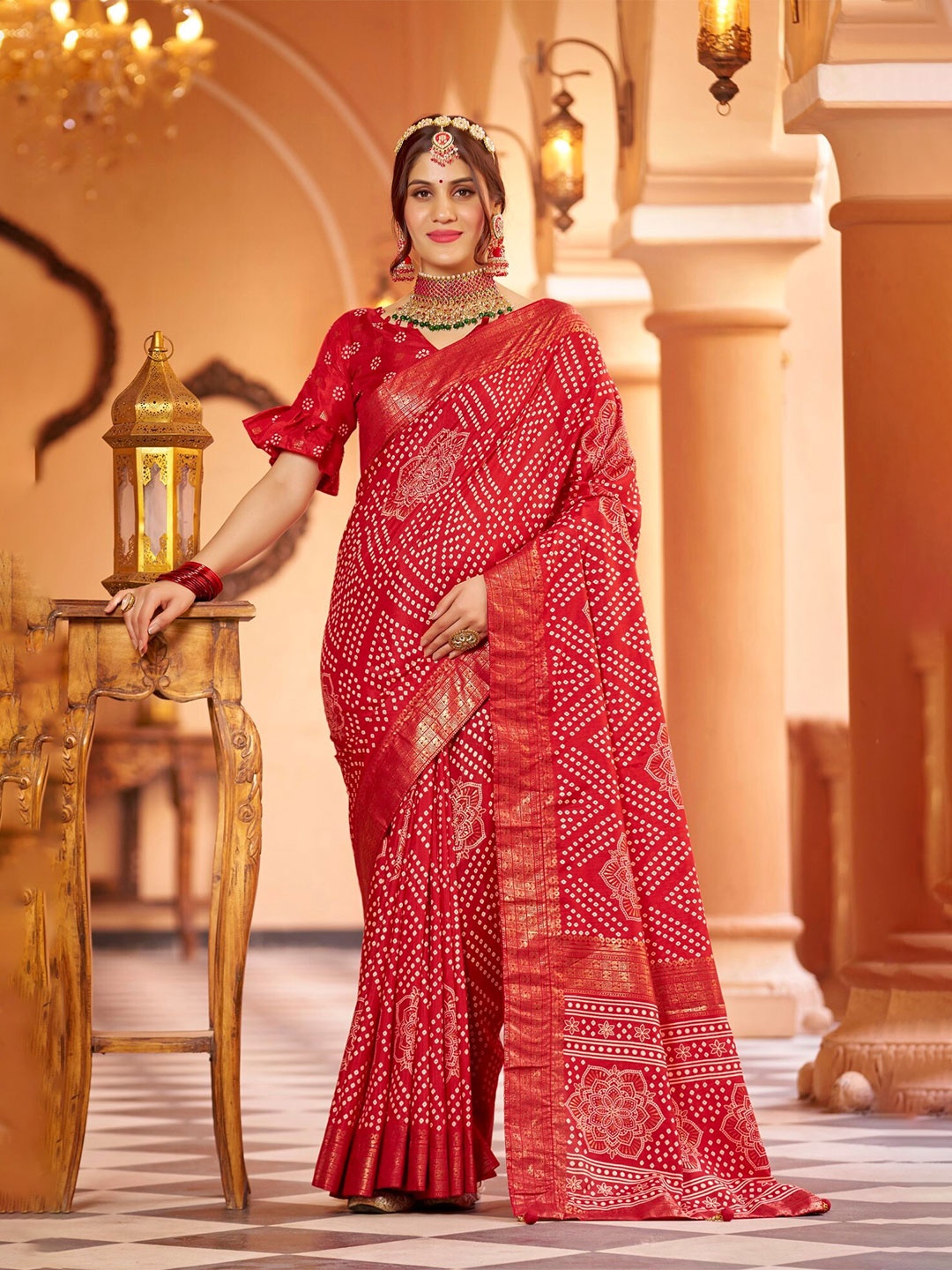 

LeeliPeeri Designer Bandhani Printed Zari Saree, Red