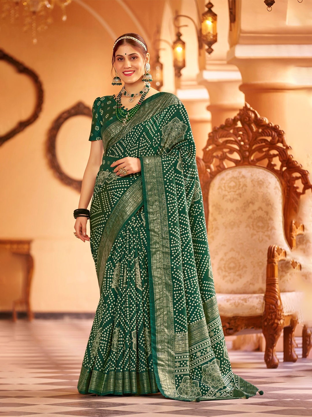 

LeeliPeeri Designer Bandhani Zari Saree, Green