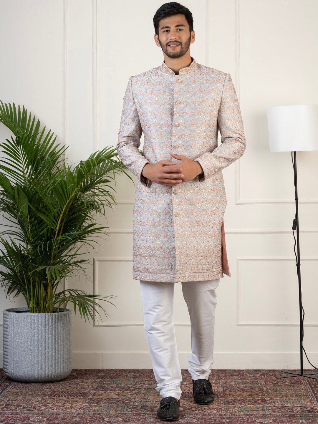 

TheEthnic.Co Ethnic Motifs Embroidered Indowestern Sherwani Set, Grey