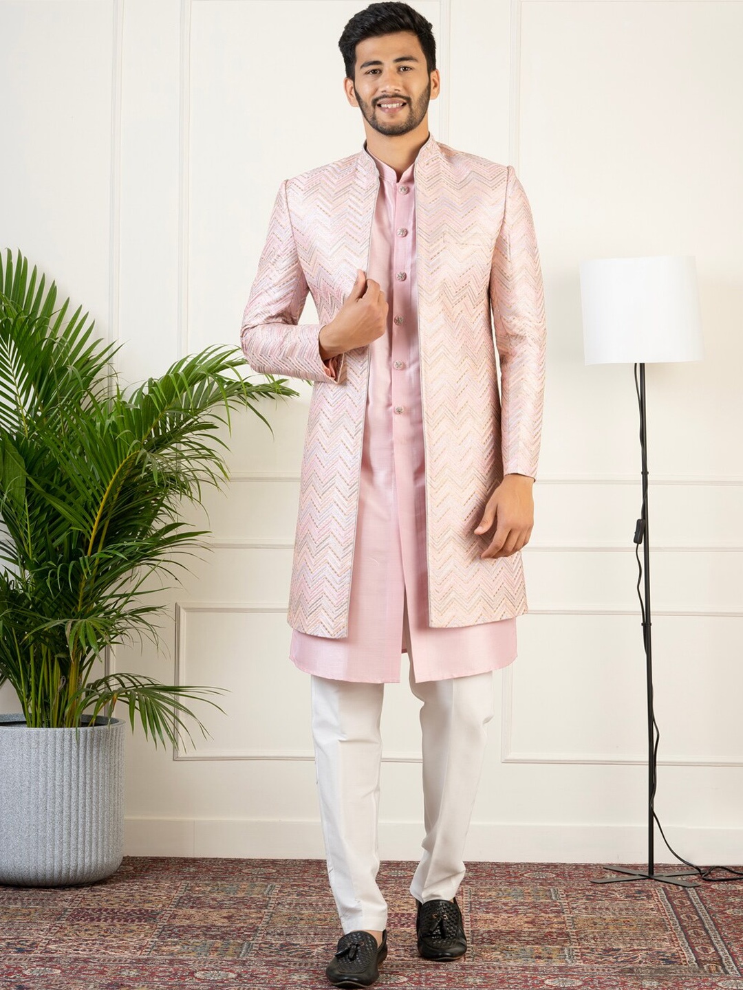 

TheEthnic.Co Ethnic Motifs Embroidered Indowestern Sherwani Set, Pink