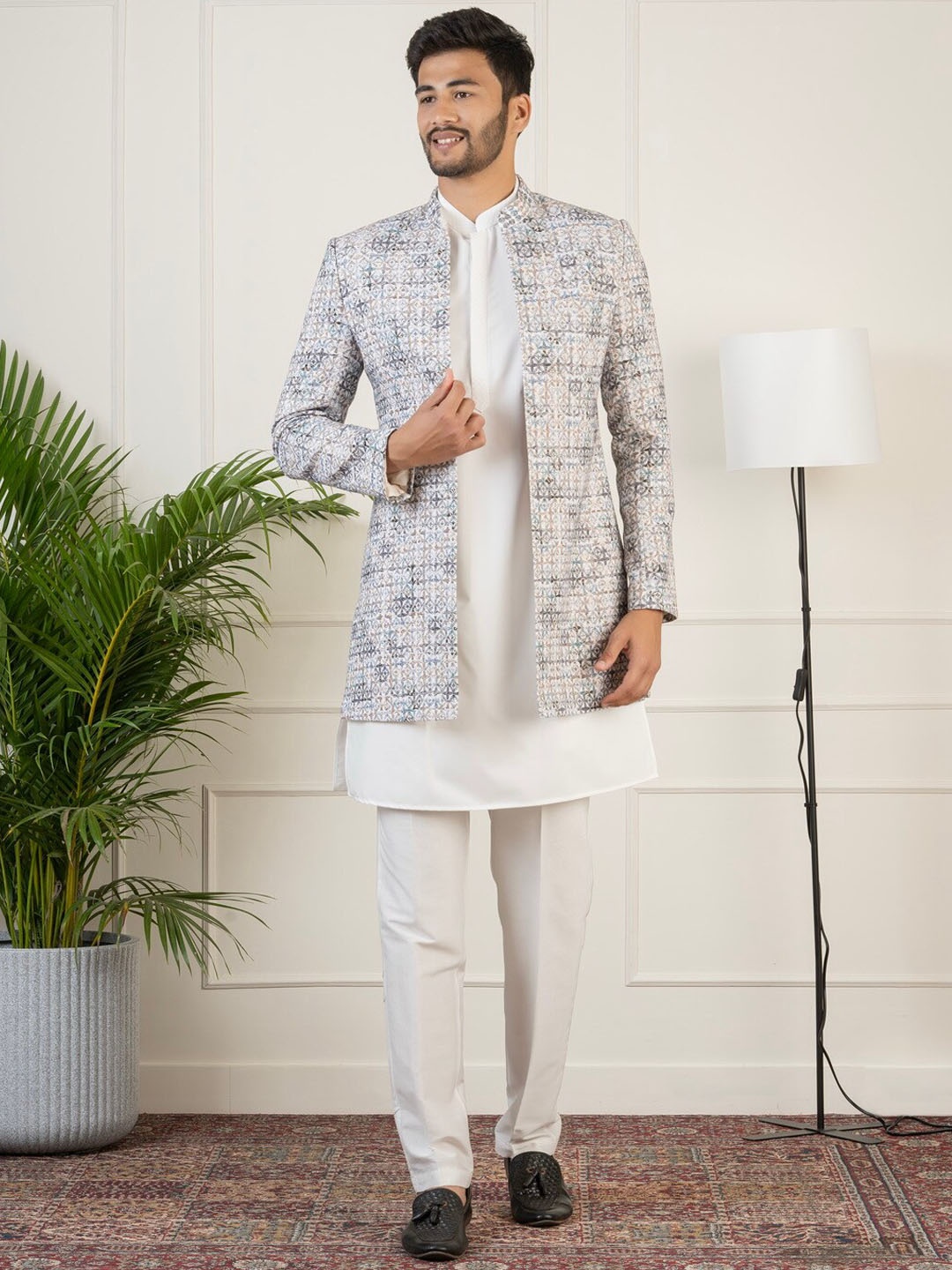 

TheEthnic.Co Embroidered Cotton Sherwani Set, Grey