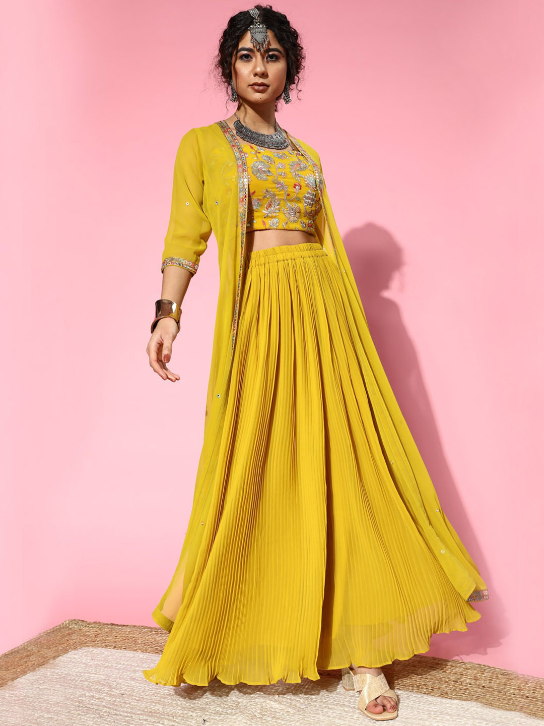 

Sangria Yellow Embroidered Ethnic Top with Palazzos & Shurg