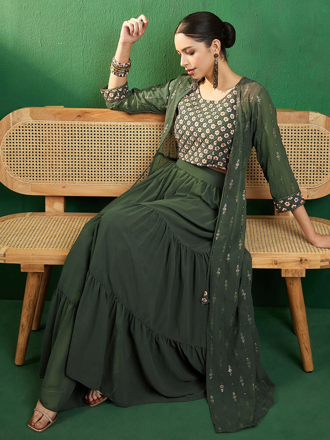 

Sangria Green Embroidered Ethnic Top with Skirt & Shurg