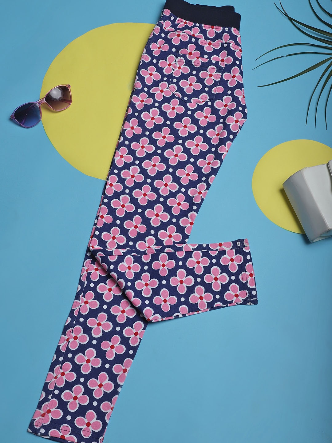 

NEUDIS Girls Floral Printed Relaxed Fit Cotton Trousers, Navy blue