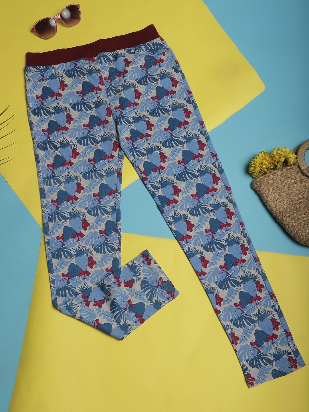 

NEUDIS Girls Tropical Printed Relaxed Cotton Trousers, Blue