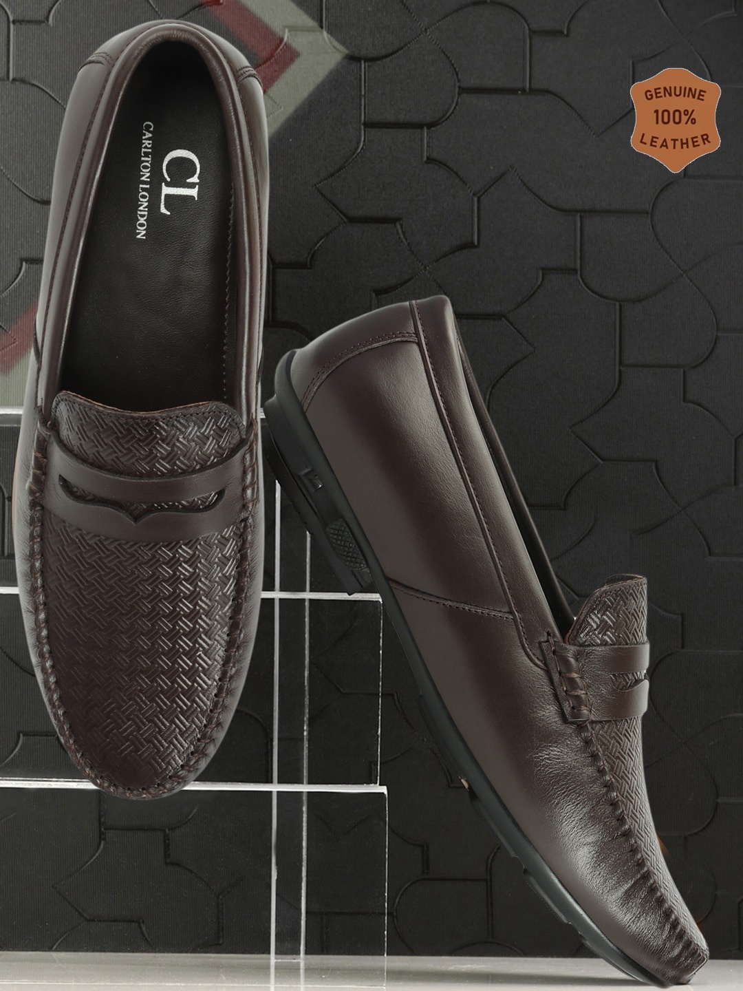 

Carlton London Men Textured Lightweight Leather Penny Loafers, Brown
