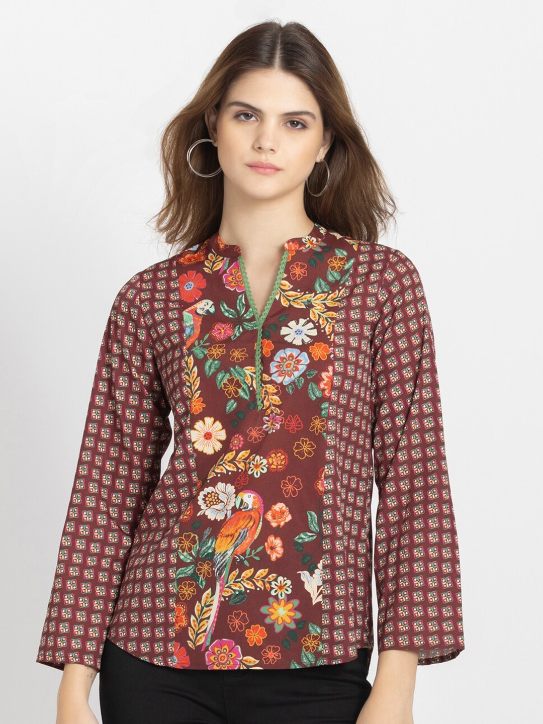 

SHAYE Floral Printed Mandarin Collar Top, Maroon