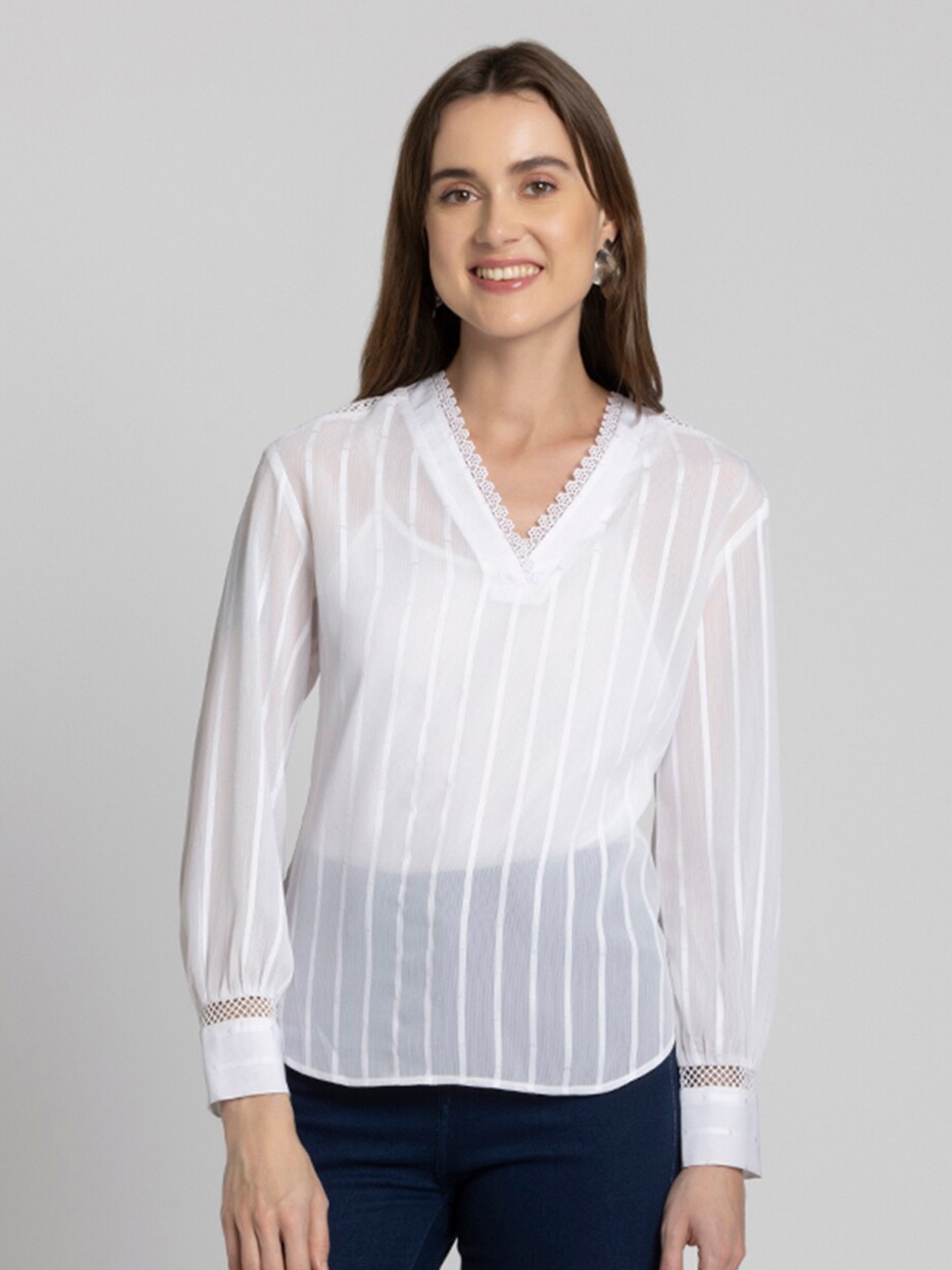 

SHAYE Striped V-Neck Cuffed Sleeves Georgette Top, White