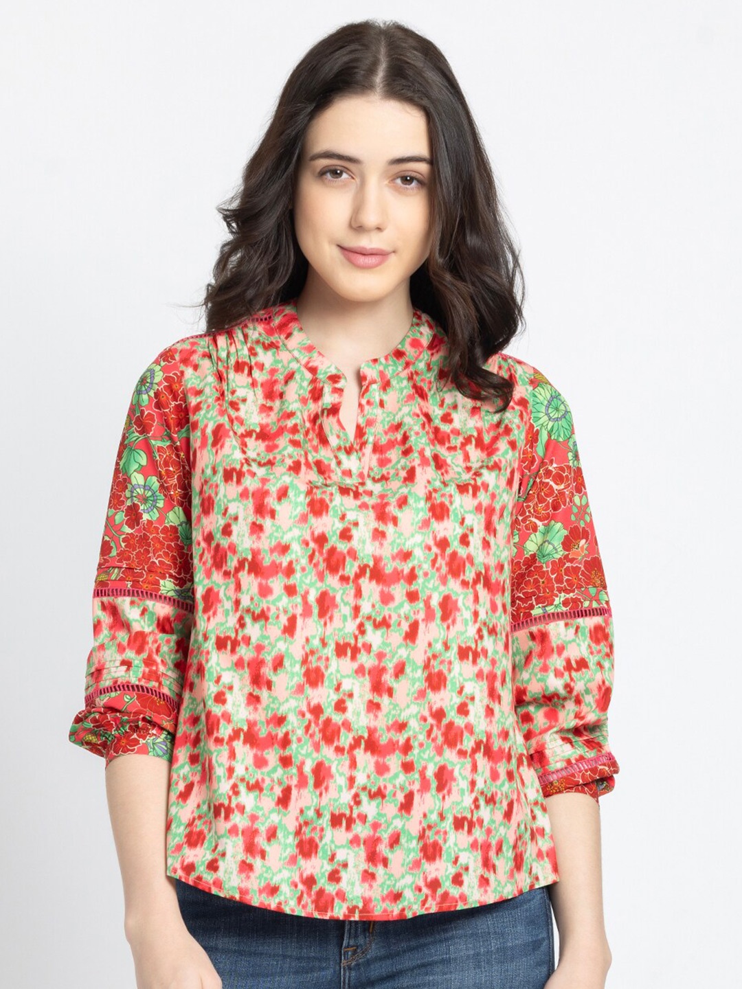 

SHAYE Floral Print Mandarin Collar Cuffed Sleeves Crepe Shirt Style Top, Peach