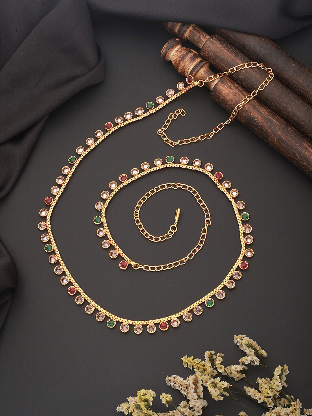 

Saraf RS Jewellery Gold-Plated Cubic Zirconia Studded & Beaded Waist Chain Kamarbandh