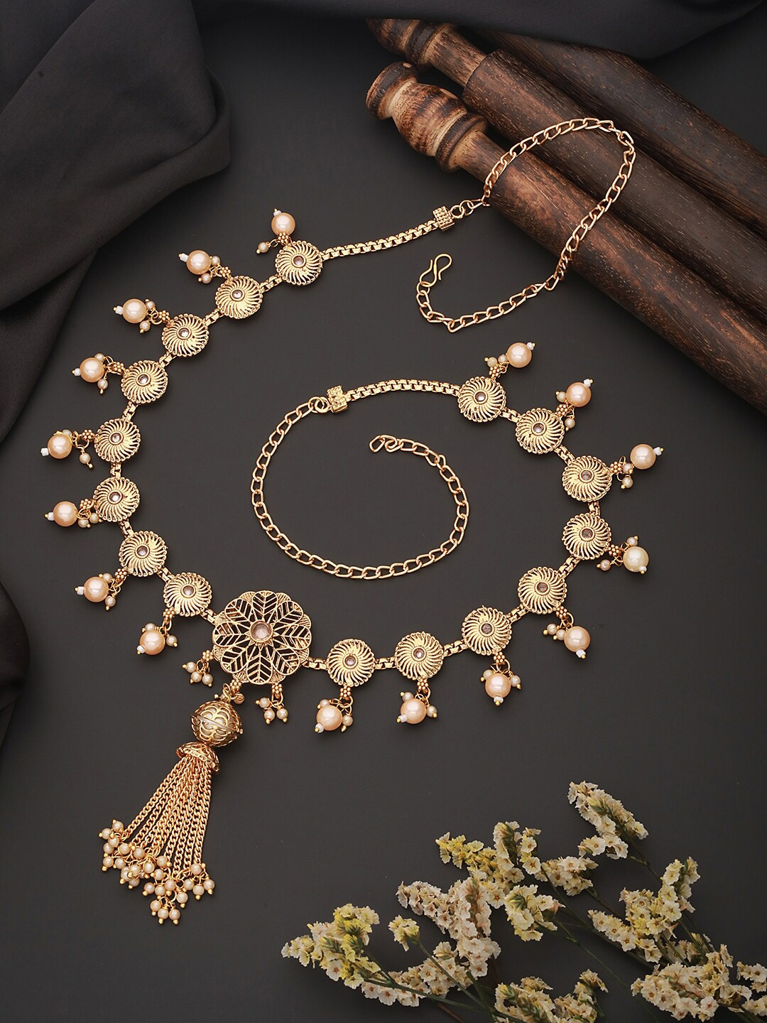 

Saraf RS Jewellery Gold-Plated White Cubic Zirconia Studded & Pearl Beaded Kamarbandh
