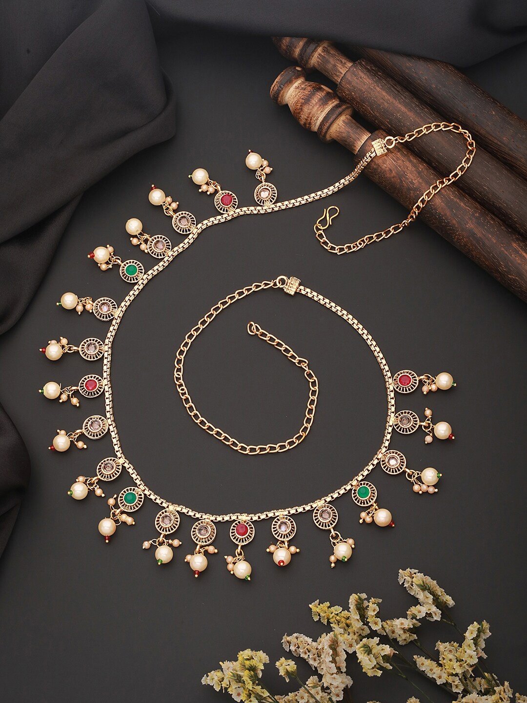 Saraf RS Jewellery Gold Plated Cubic Zirconia Studded & Pearl Beaded Kamarbandh