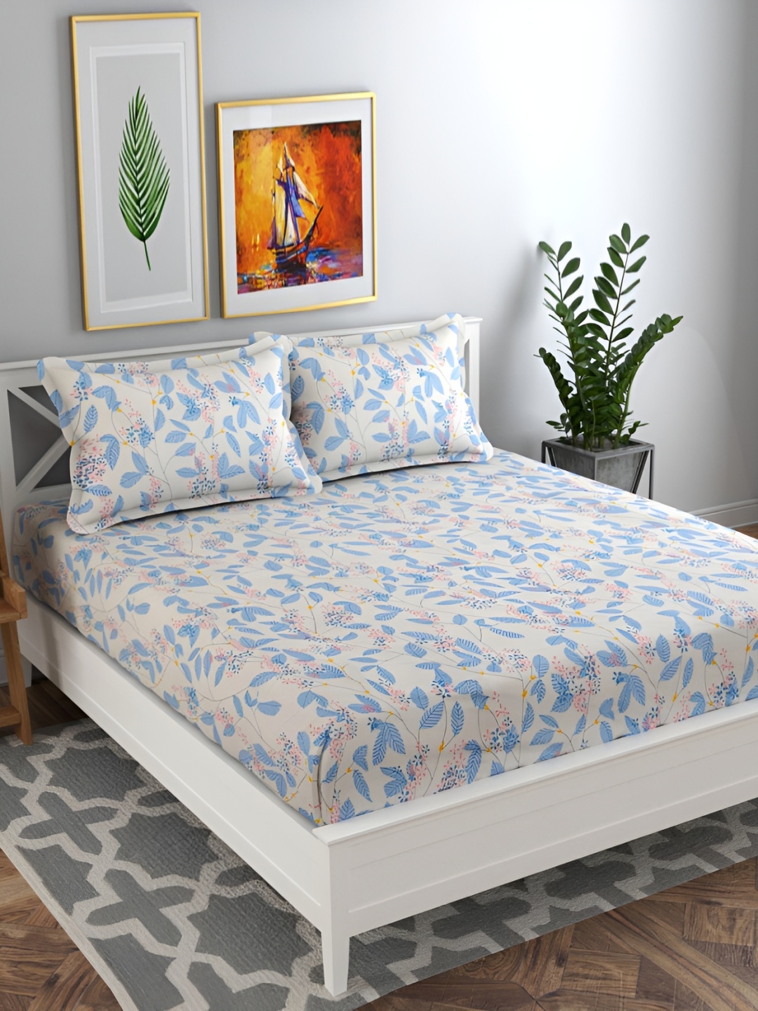 

bsb home Purple & Beige Floral Printed 144 TC Queen Bedsheet with 2 Pillow Covers