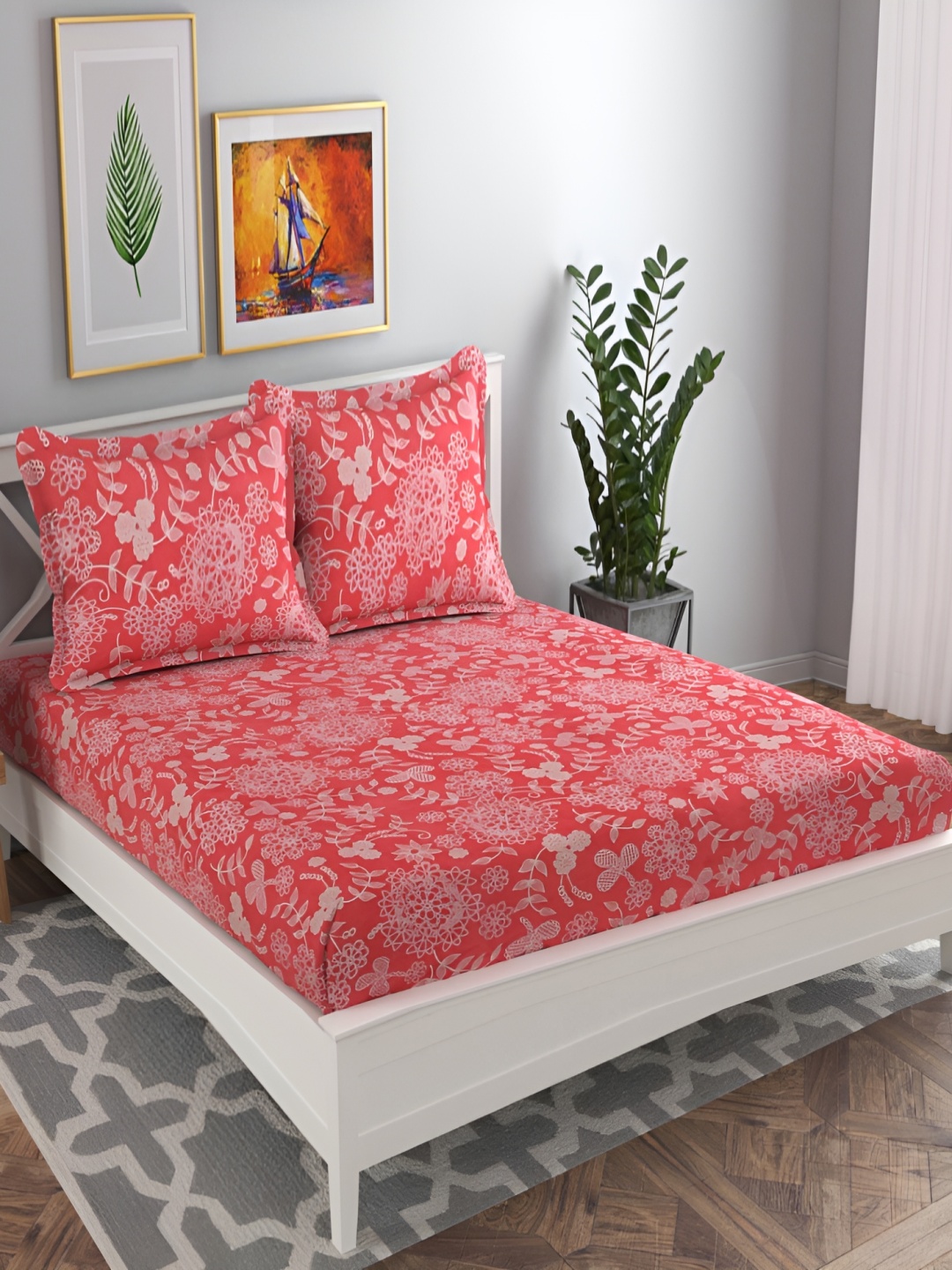 

bsb home Aspire Pink & White Floral Printed 120 TC Queen Bedsheet With 2 Pillow Covers