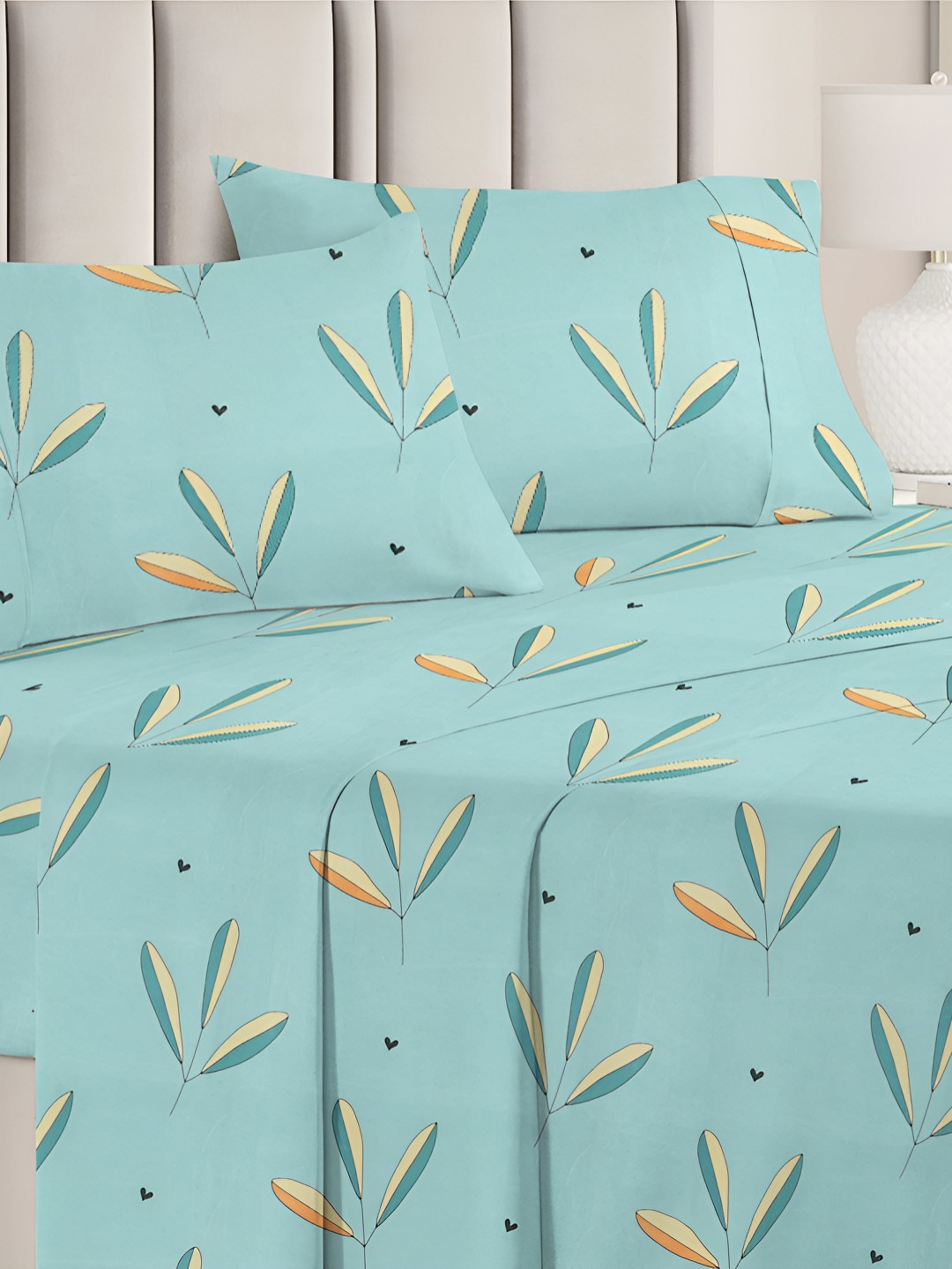 

bsb home Prime Green & Orange Floral Printed 144 TC Queen Bedsheet With 2 Pillow Covers