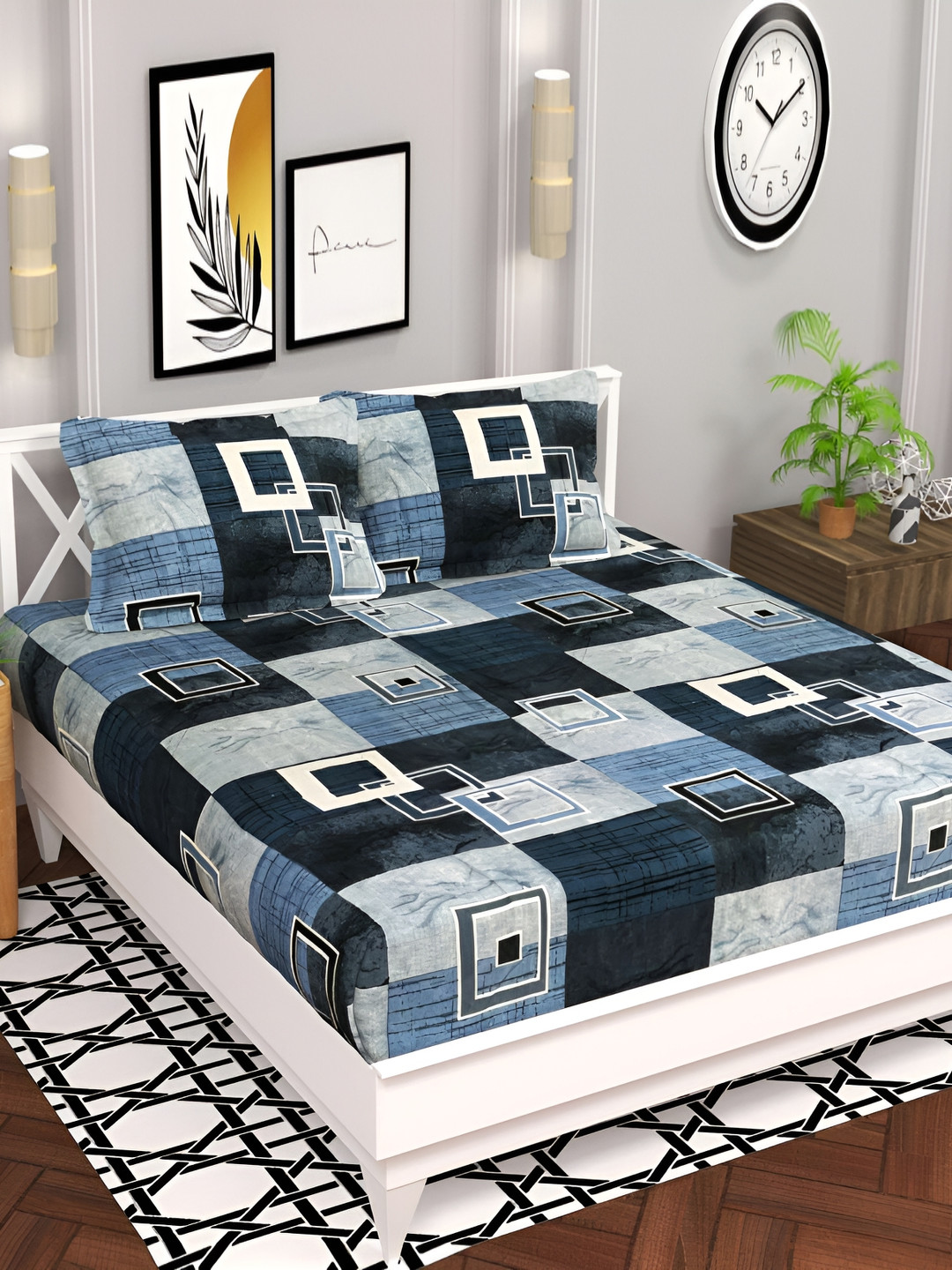 

bsb home Aspire Blue & Grey Floral Printed 120 TC Queen Bedsheet With 2 Pillow Covers
