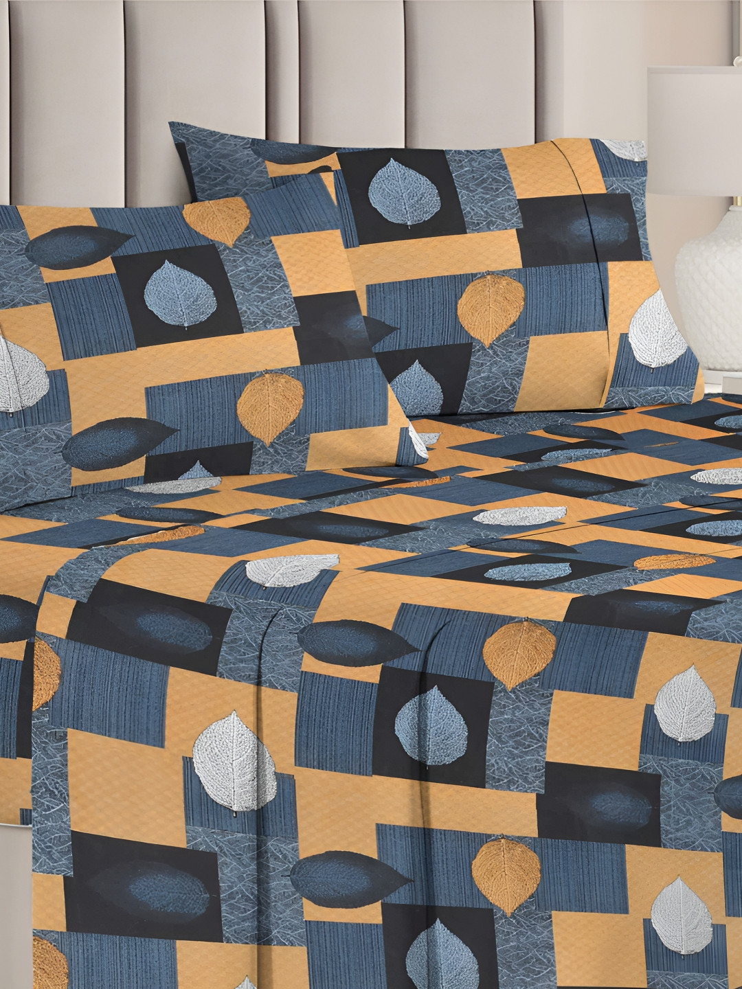 

bsb home Aspire Grey & Yellow Floral Printed 144 TC Queen Bedsheet With 2 Pillow Covers