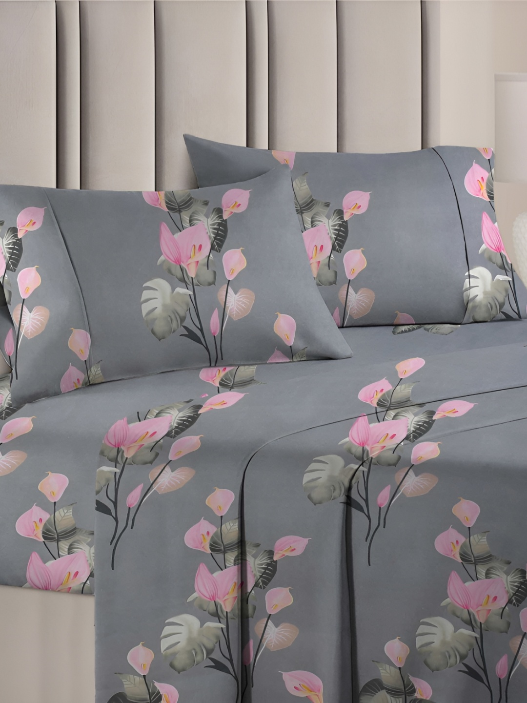 

bsb home Grey & Pink Floral Printed 160 TC Queen Bedsheet with 2 Pillow Covers