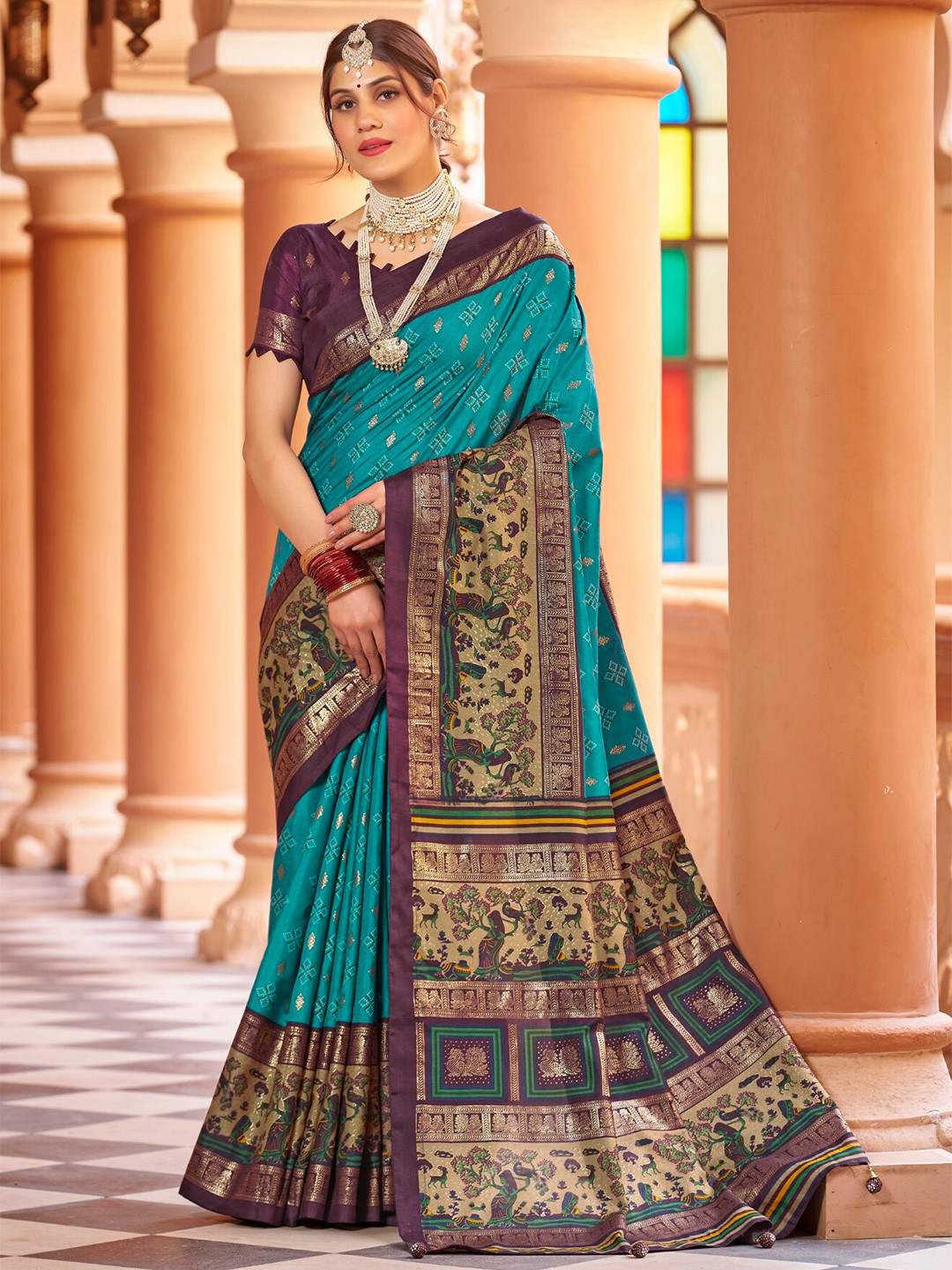 

LeeliPeeri Designer Ethnic Motifs Woven Design Zari Saree, Teal