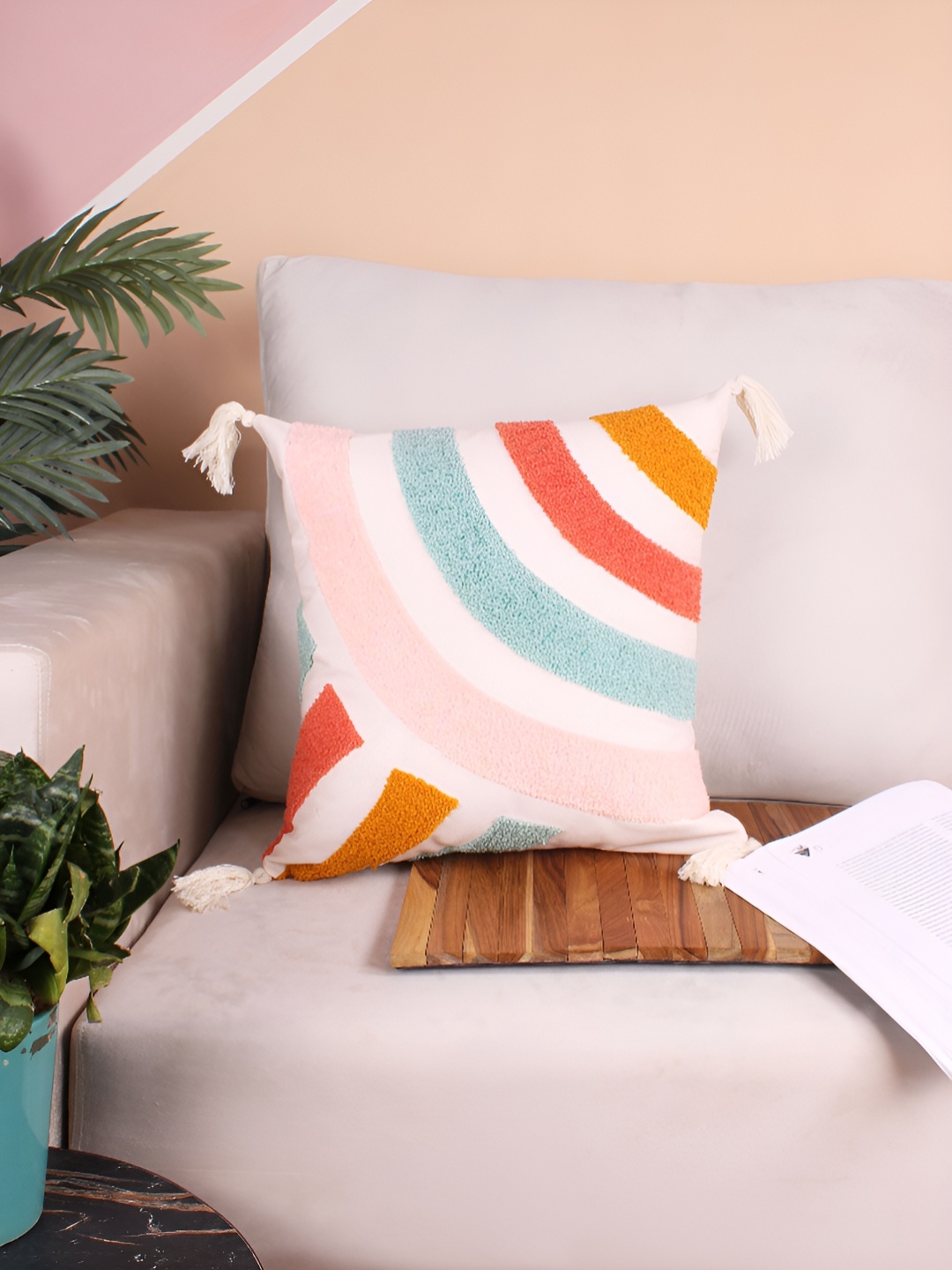 

STITCHNEST White & Orange Embroidered Square Cushion Covers