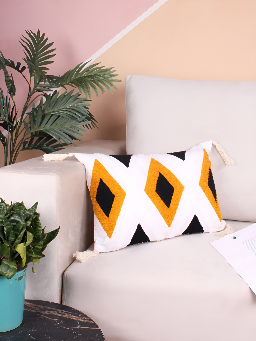

STITCHNEST White & Black Embroidered Rectangle Cushion Covers