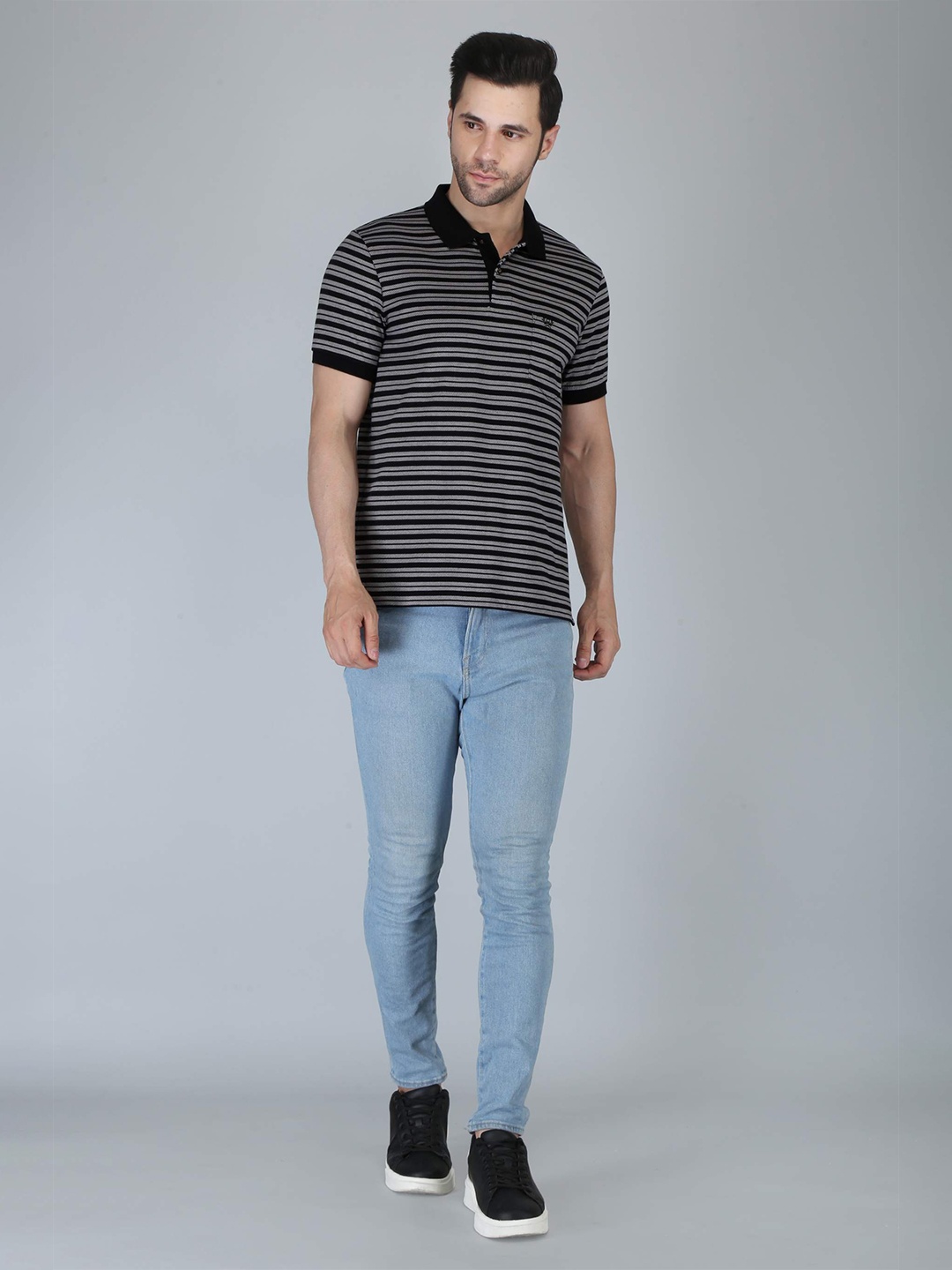 

CELSIUS Striped Polo Collar Pockets Detail T-shirt, Black