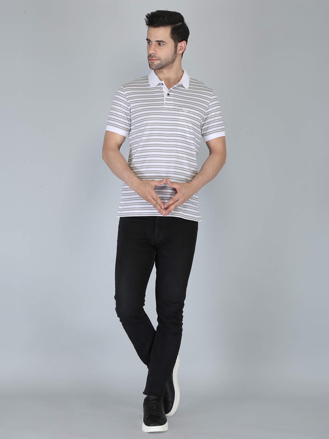

CELSIUS Striped Polo Collar Pockets Detail T-shirt, White
