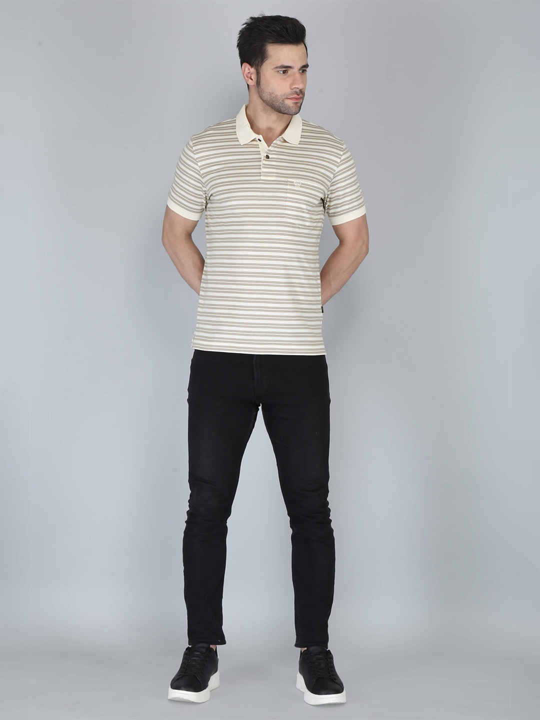 

CELSIUS Striped Polo Collar Pockets Detail T-shirt, Cream