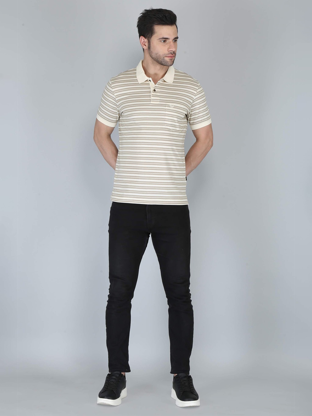 

CELSIUS Striped Polo Collar Cotton T-shirt, Cream