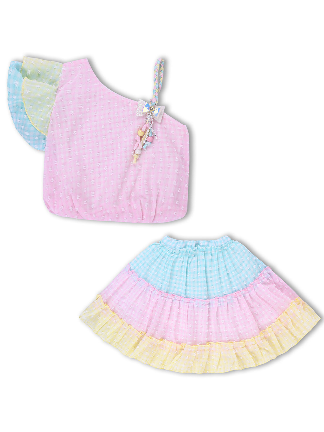 

Wish Karo Girls Colourblocked Top With Skirt, Pink