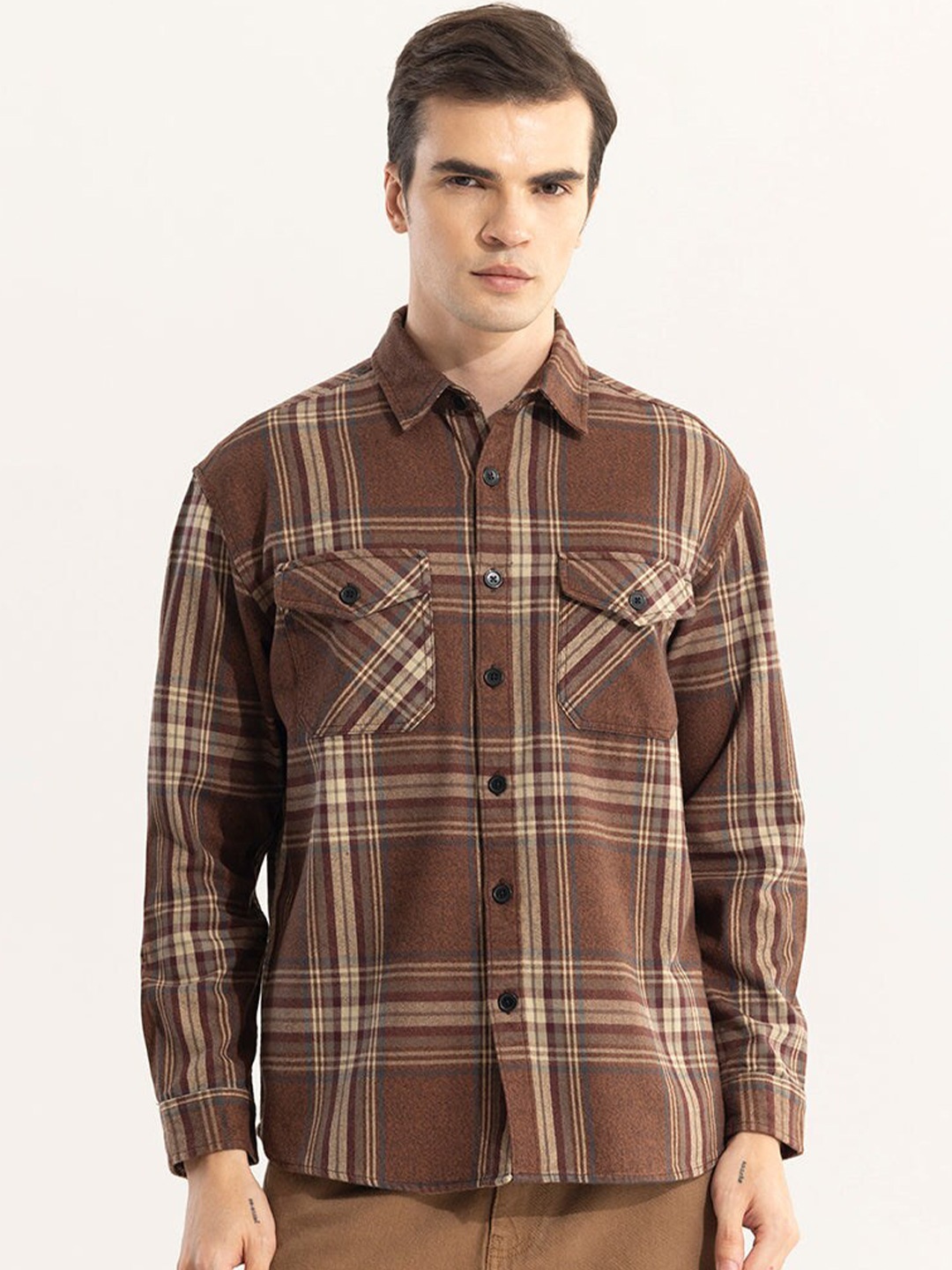 

Snitch Brown Classic Slim Fit Tartan Checks Cotton Casual Shirt
