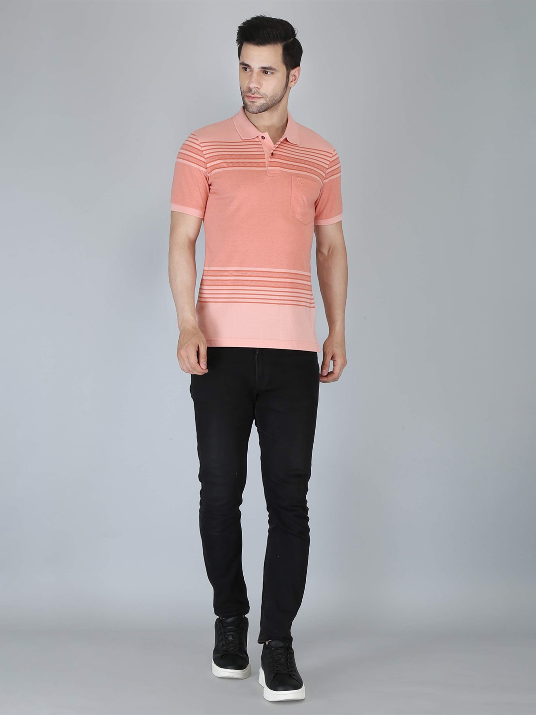 

CELSIUS Striped Polo Collar Cotton T-shirt, Peach