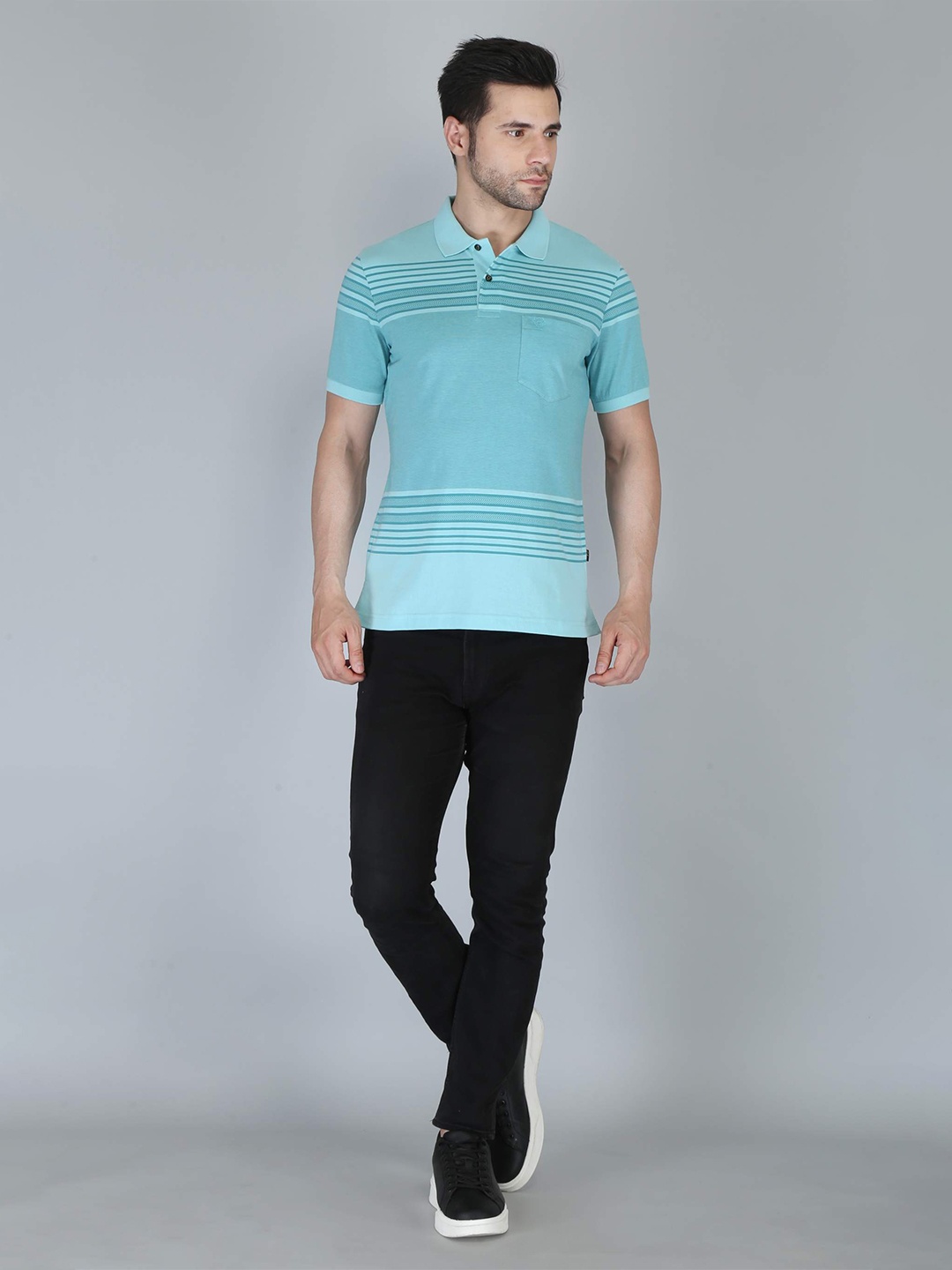 

CELSIUS Horizontal Striped Polo Collar Cotton T-shirt-shirt, Blue