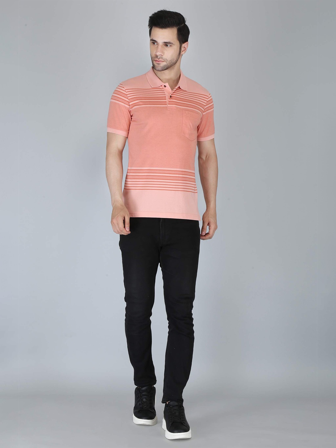 

CELSIUS Striped Polo Collar Pockets Cotton T-shirt, Peach