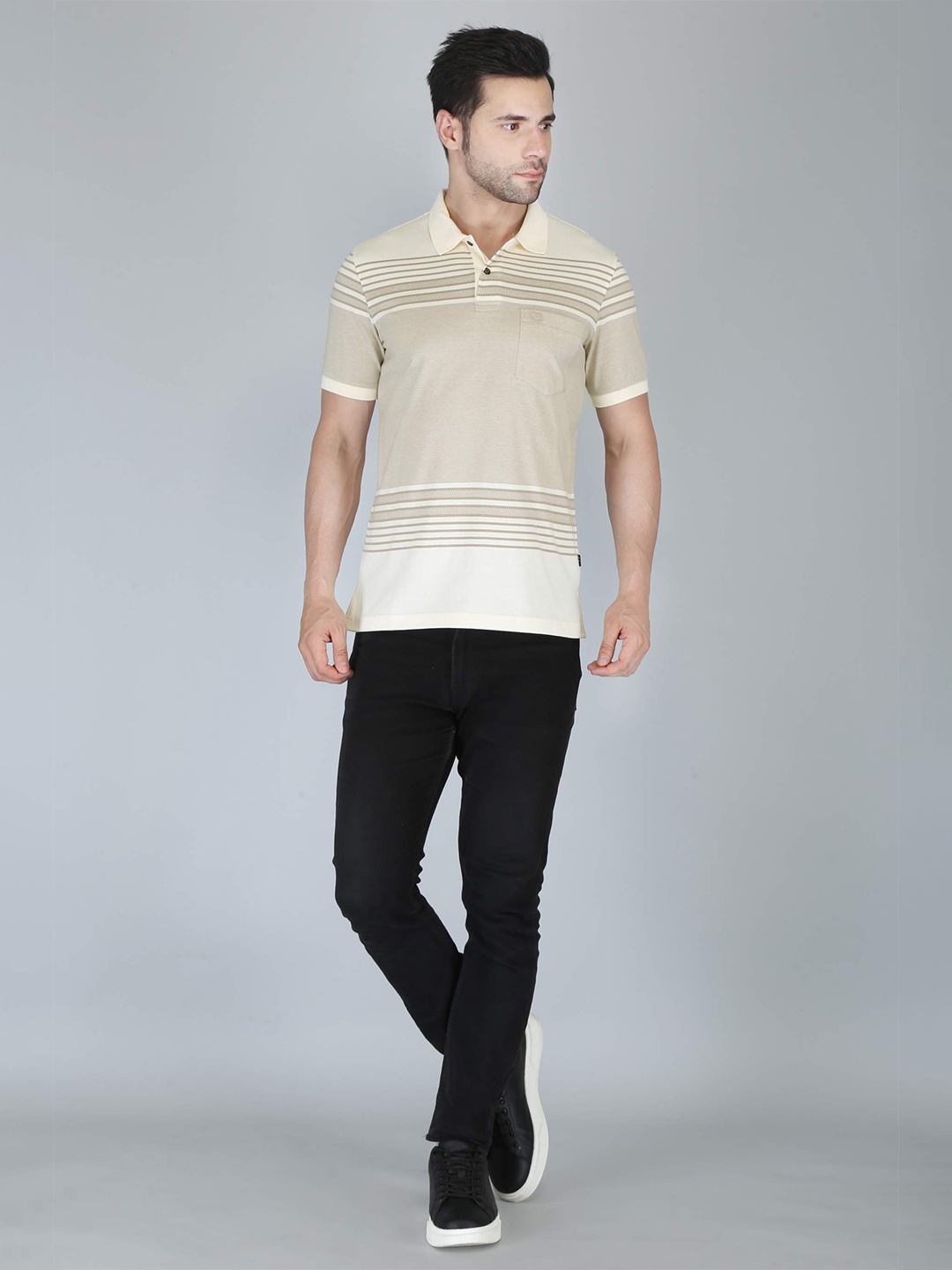 

CELSIUS Striped Polo Collar Pockets Cotton T-shirt, Cream