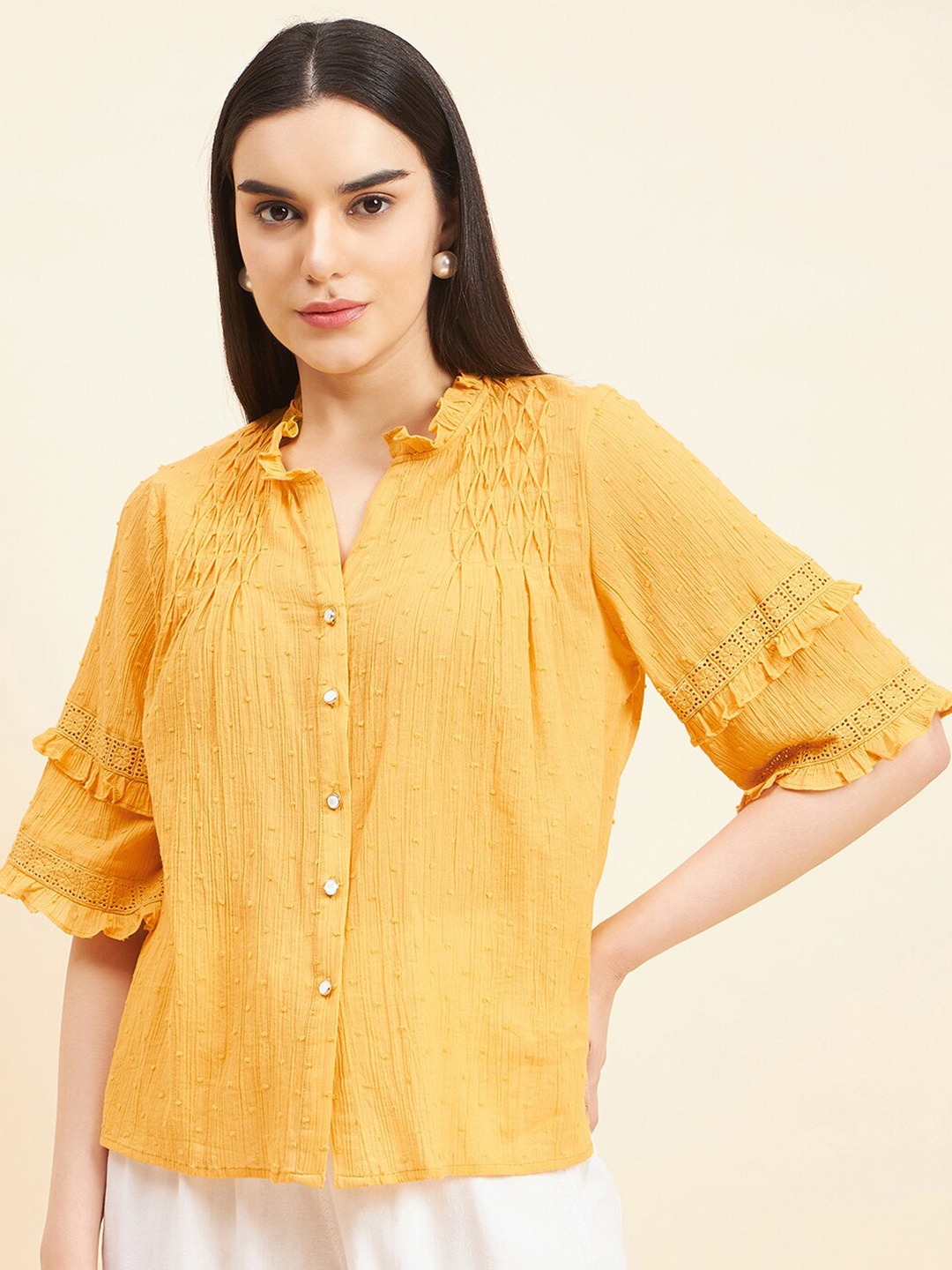

Gipsy Mandarin Collar Cotton Shirt Style Top, Yellow