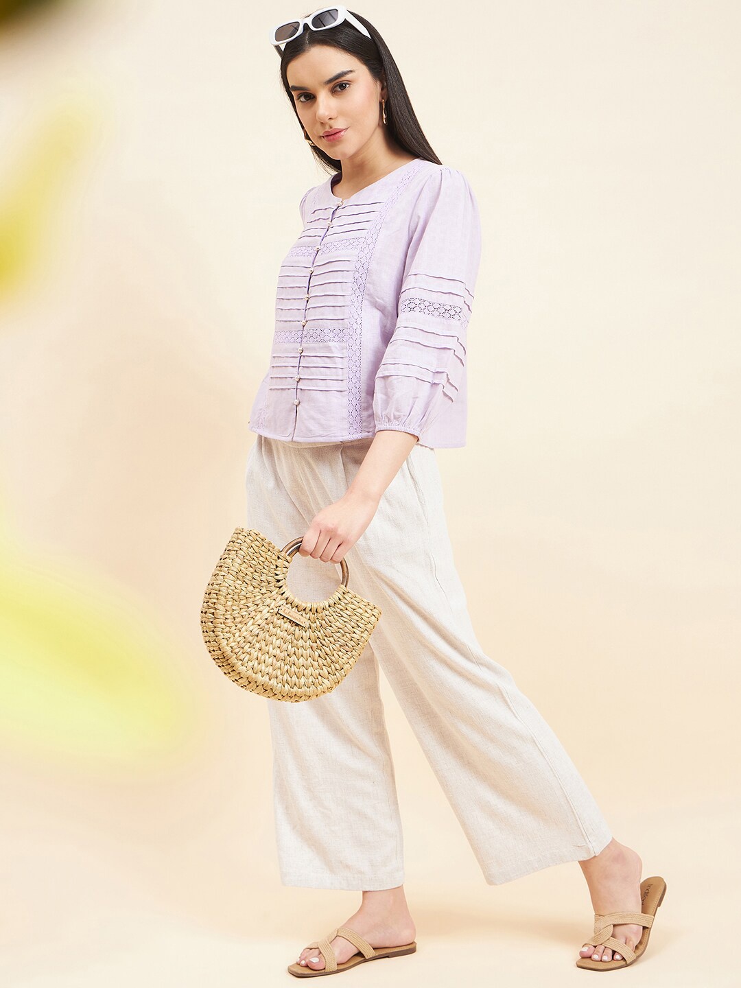 

Gipsy Self Design Puff Sleeves Cotton Top, Lavender