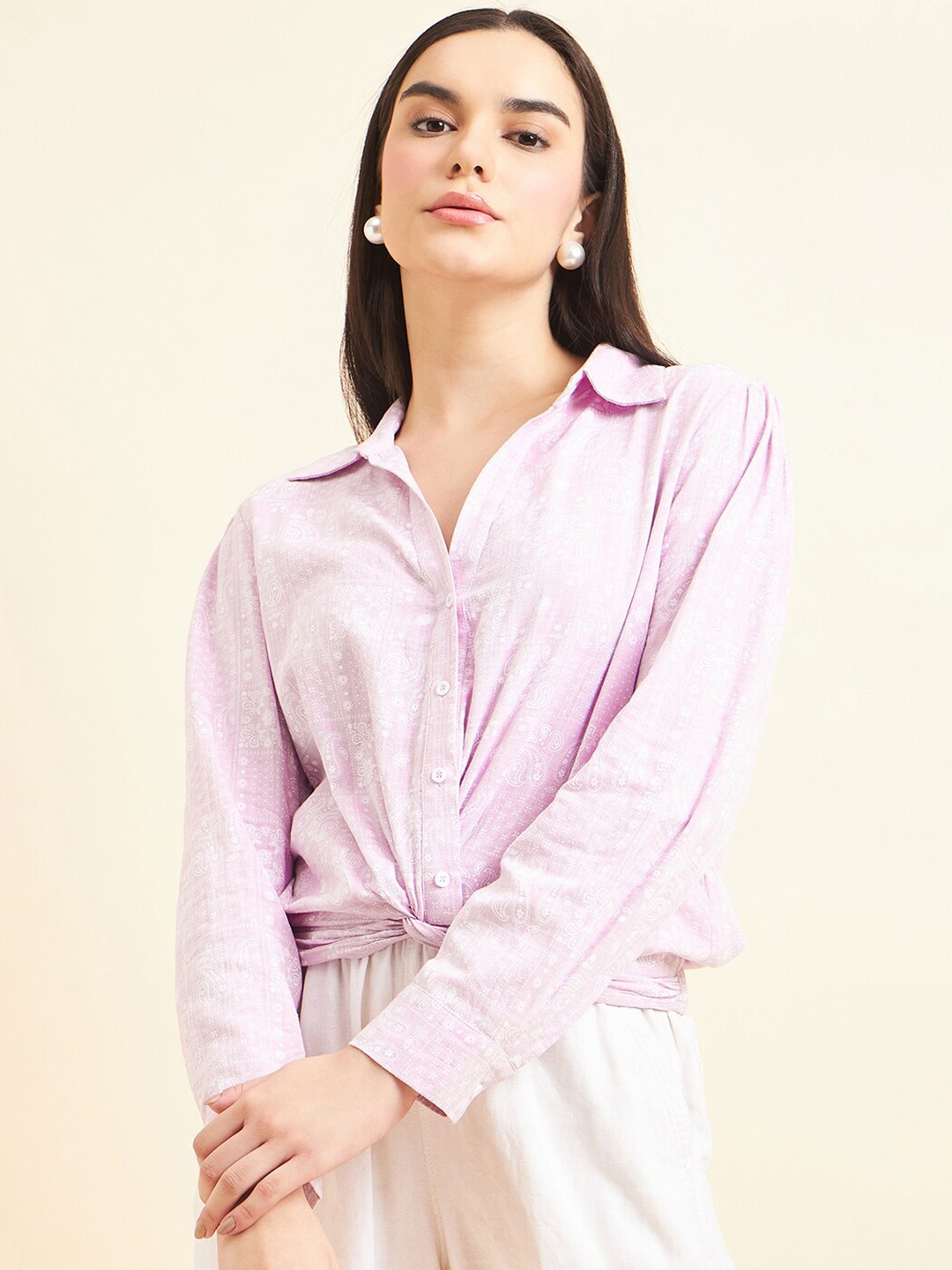 

Gipsy Ethnic Motifs Print Cotton Shirt Style Crop Top, Lavender