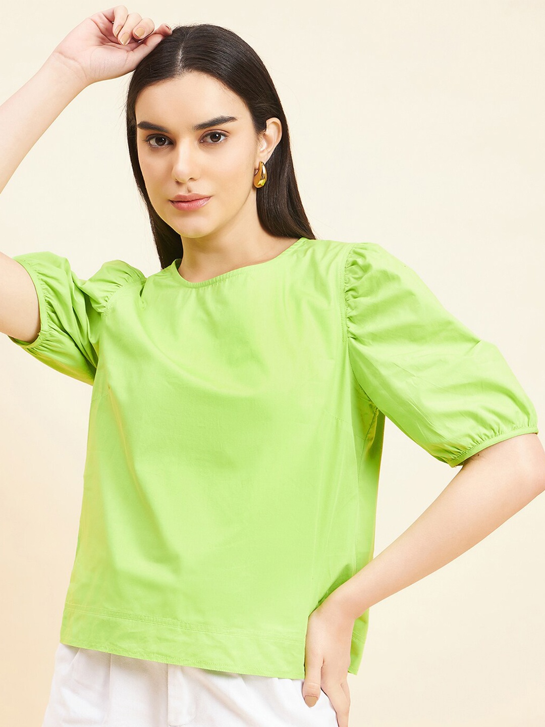 

Gipsy Solid Puff Sleeve Cotton Top, Green